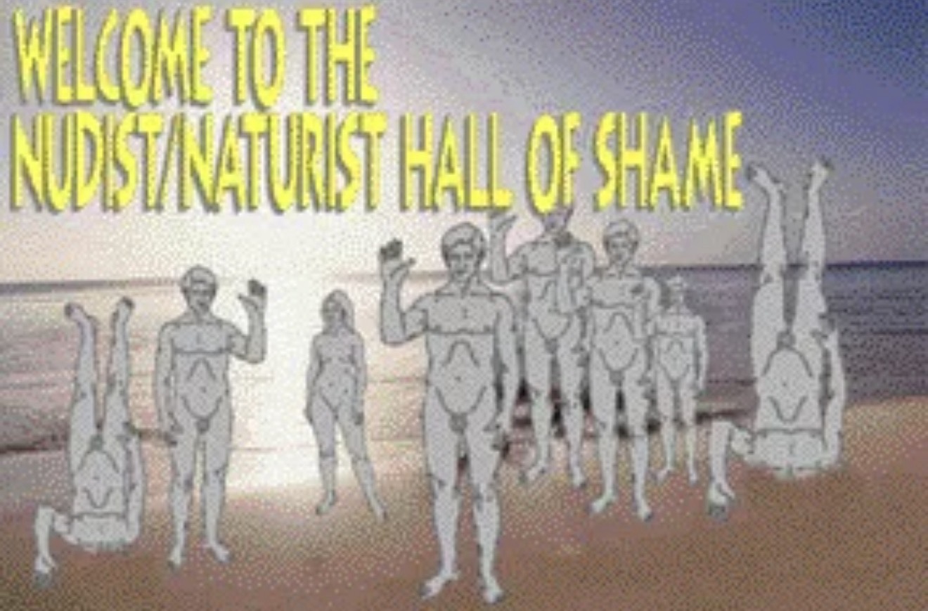Archival graphic reading Welcome to the Nudist/Naturist Hall of Shame over an altered beach scene.